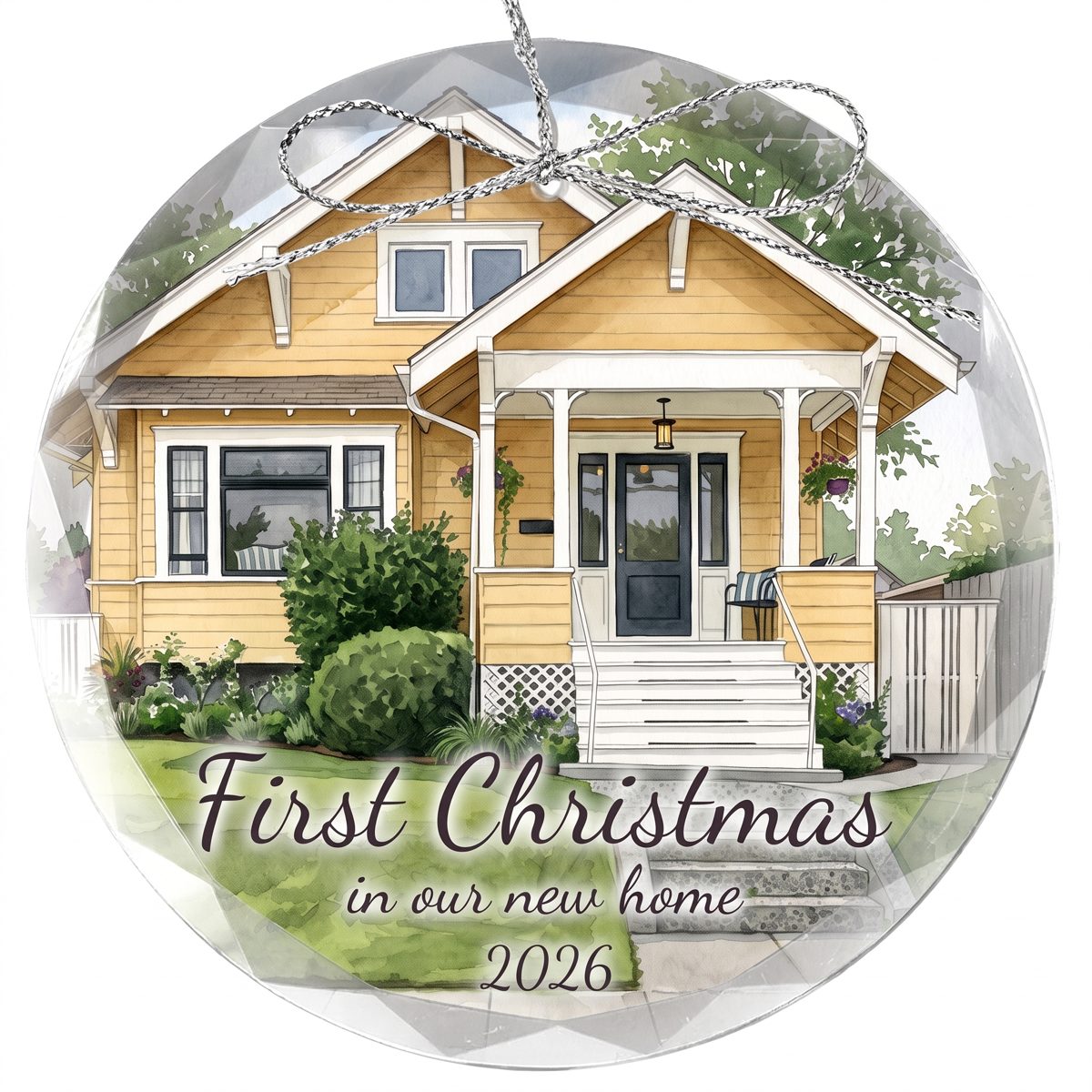 Clear glass First Christmas ornament with watercolor home and silver string