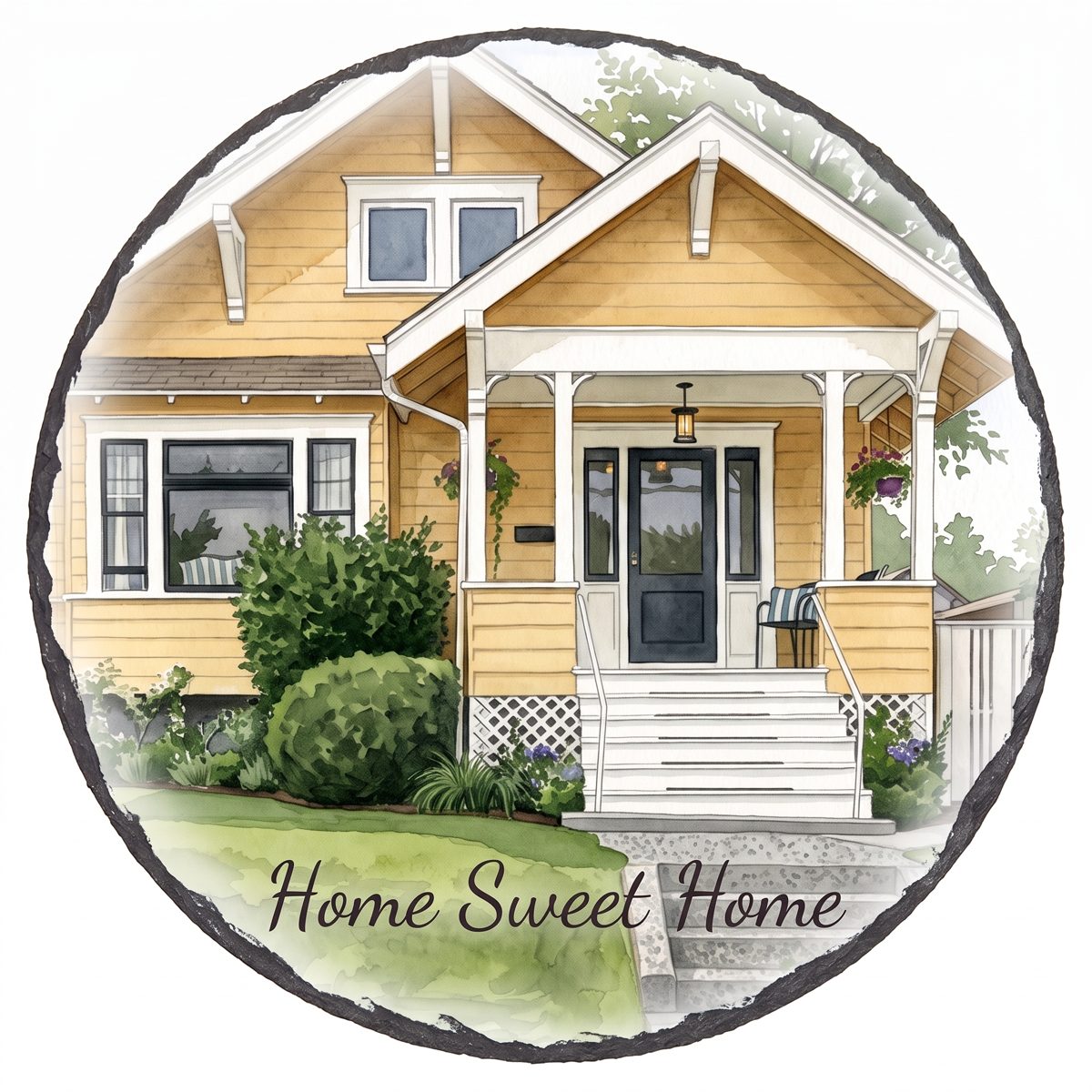Round slate wall art with watercolor home and Home Sweet Home lettering