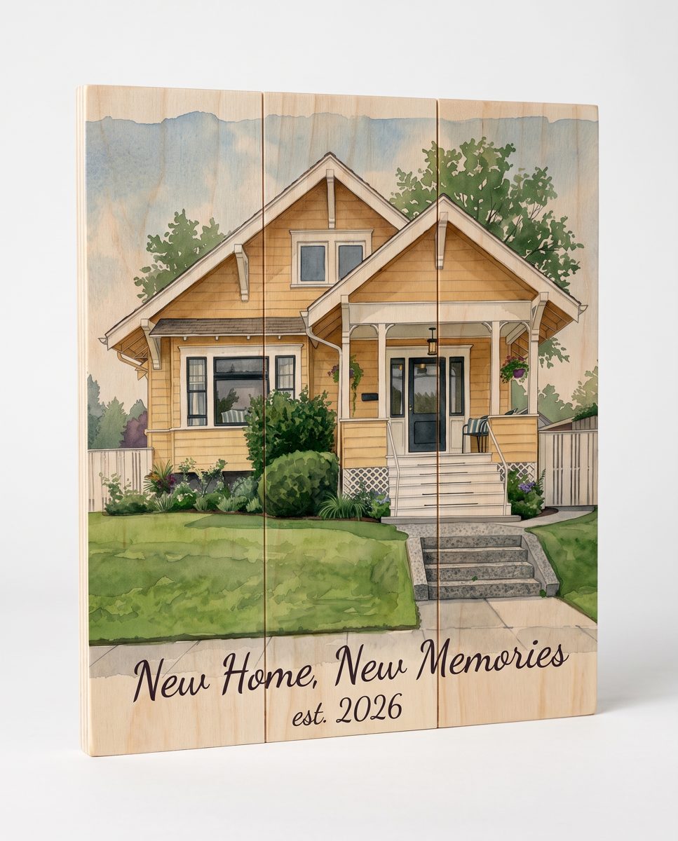 Watercolor home printed on a three-board wood panel